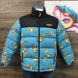GOLF WANG Flames Tyler The Creator Puffer Down Jacket Blue Mens Size Large